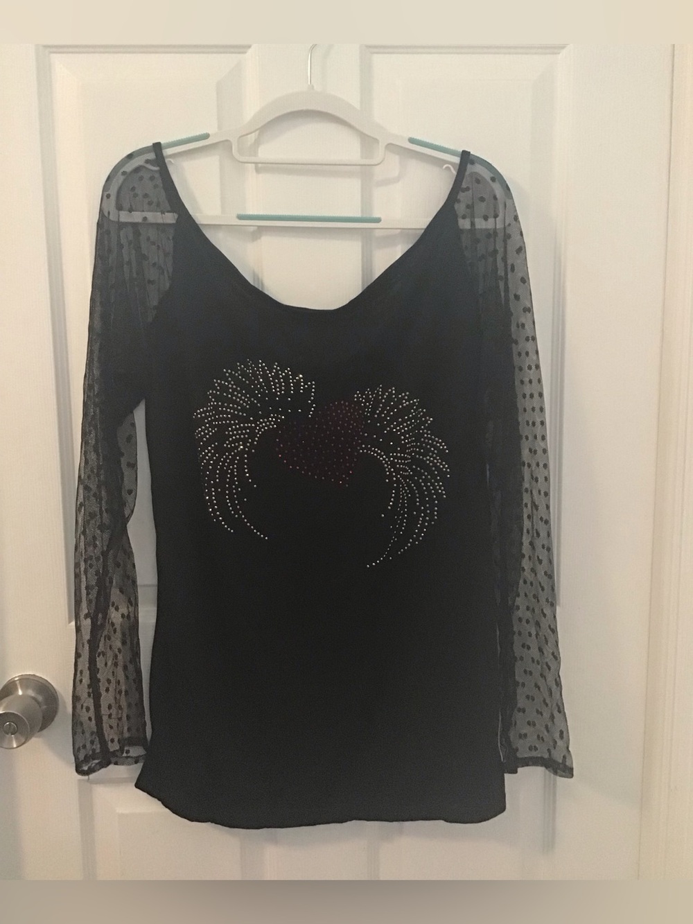 Black Sheer-Sleeve Studded Heart & Wing Blouse by